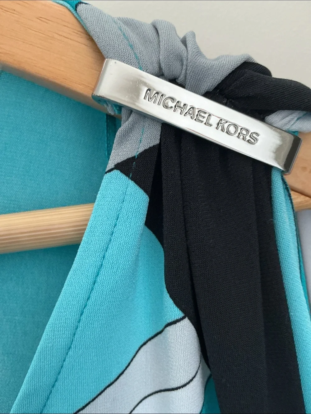 Michael Kors Teal and Black Abstract Cold-Shoulder Tunic
